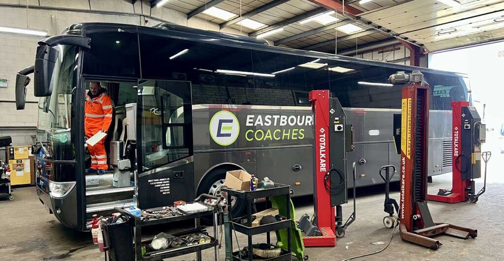 Eastbourne coach being maintained in Tomsetts coach workshop