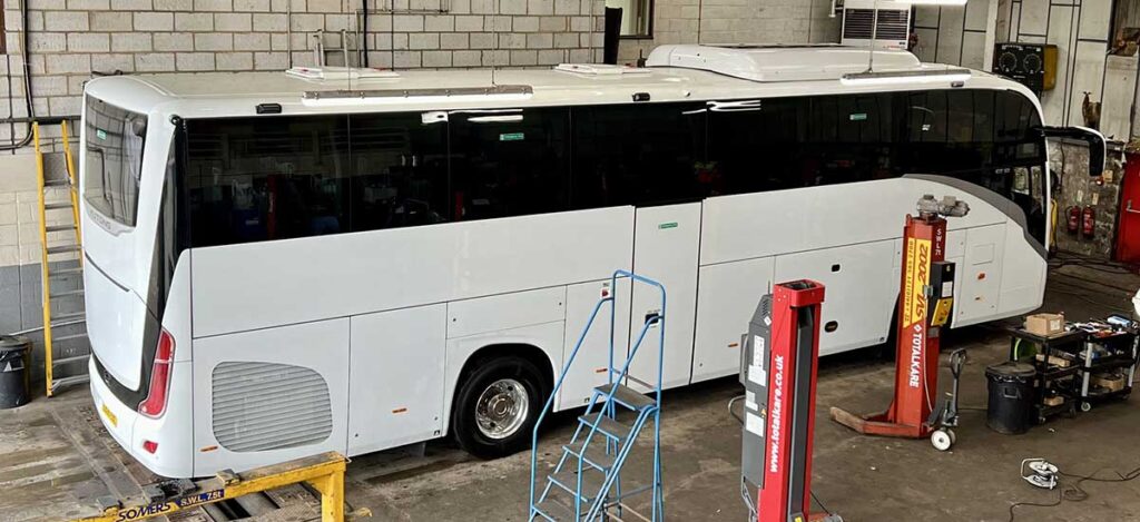 yutong coach in white at Tomsetts Workshops